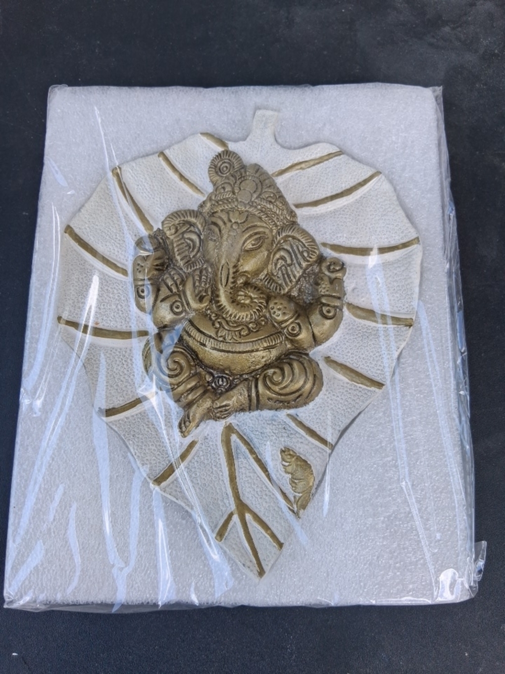 White Metal Elegant Gold Lord Ganesha on White  Leaf Wall Hanging Showpiece